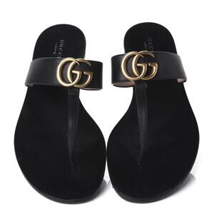GUCCI GG Marmont Black Leather Thong Flat Sandals Size 39